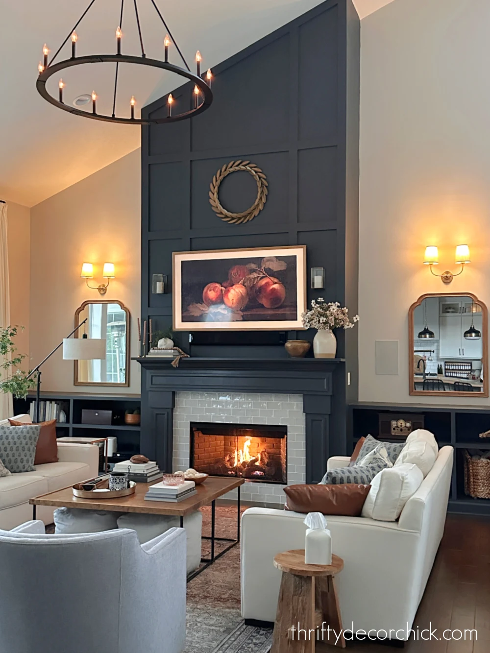 tall dark fireplace living room